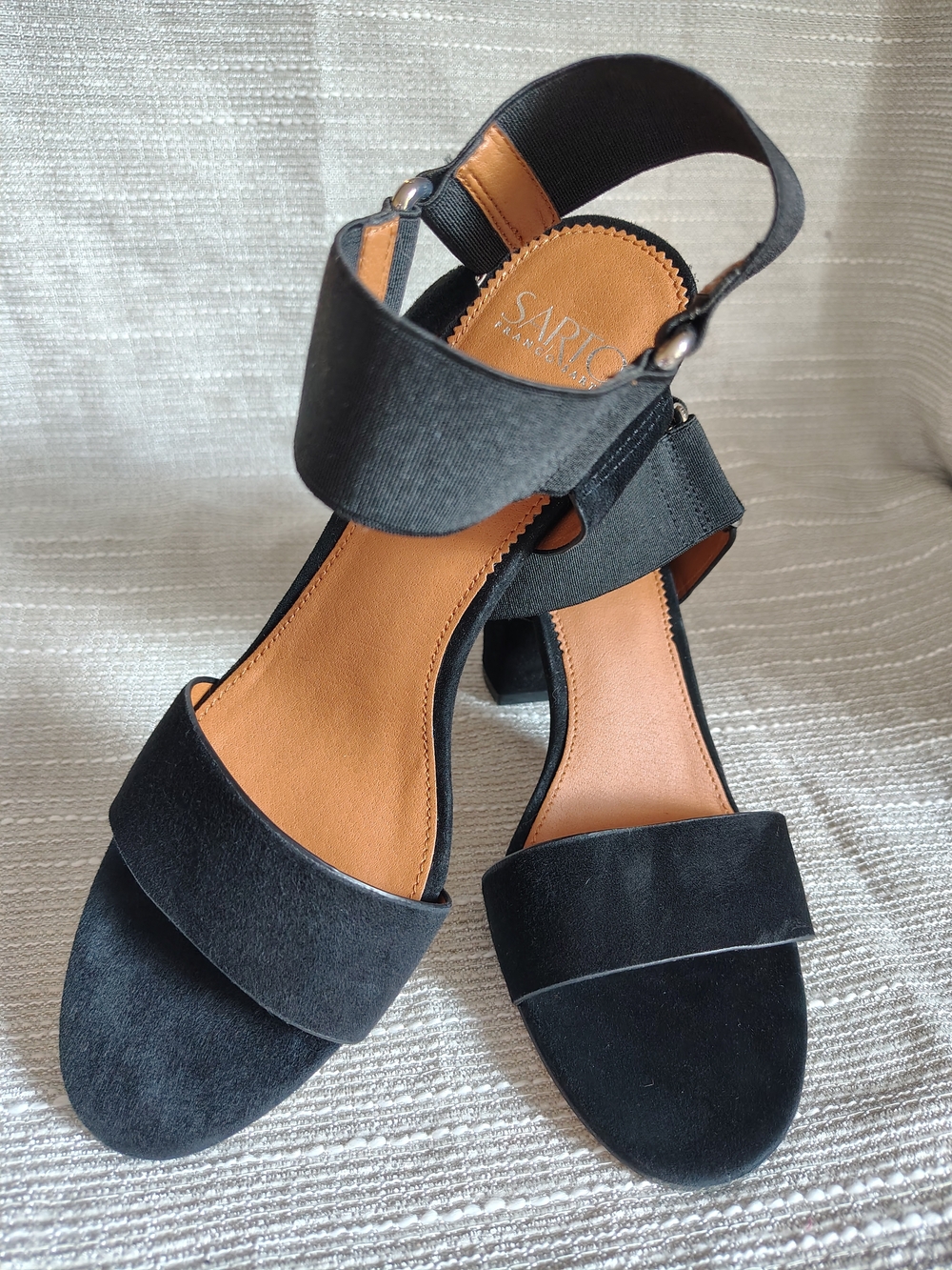 Sarto by Franco Sarto Black Suede Block Heel Elastic Ankle Strap Sandals Size 9M